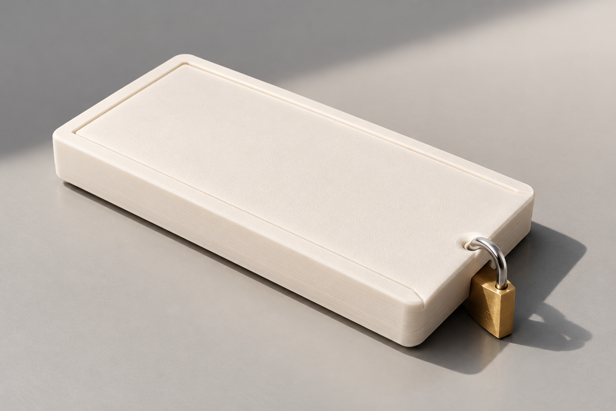 Cream EcoLock phone lock box with an included brass padlock on a neutral background.